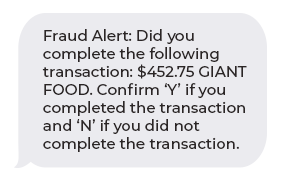 Fraud Alert: Did you complete the following transaction: $452.75 GIANT FOOD. Confirm ‘Y’ if you completed the transaction and ‘N’ if you did not complete the transaction.